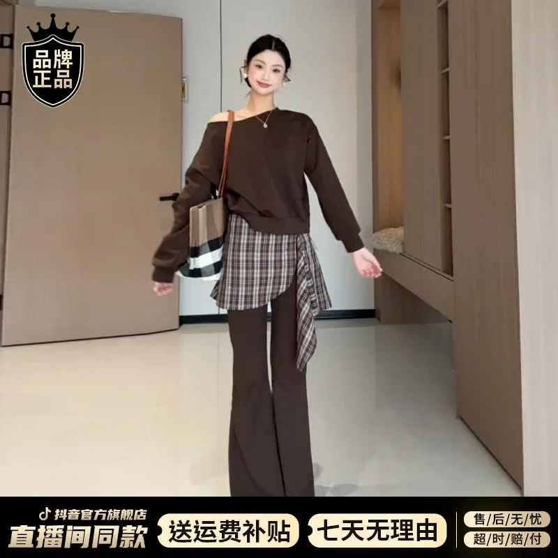 2025新款韩系高级感穿搭一整套女早秋季运动休闲斜肩卫衣两件套装