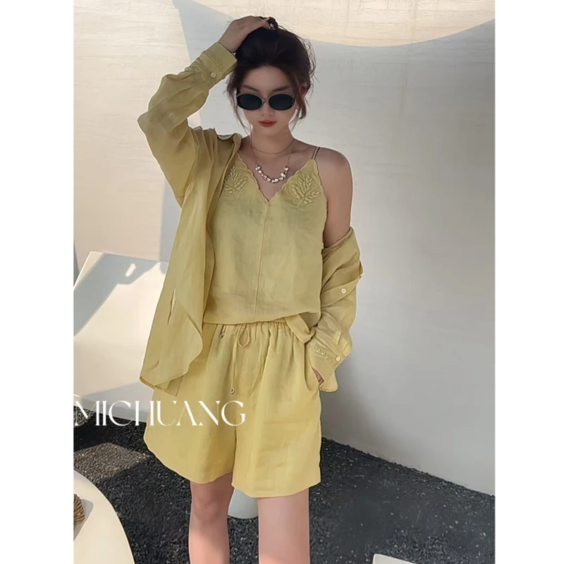 高端苎麻2025新款夏季老钱风防松弛感慵懒宽松防晒衬衣裤子三件套