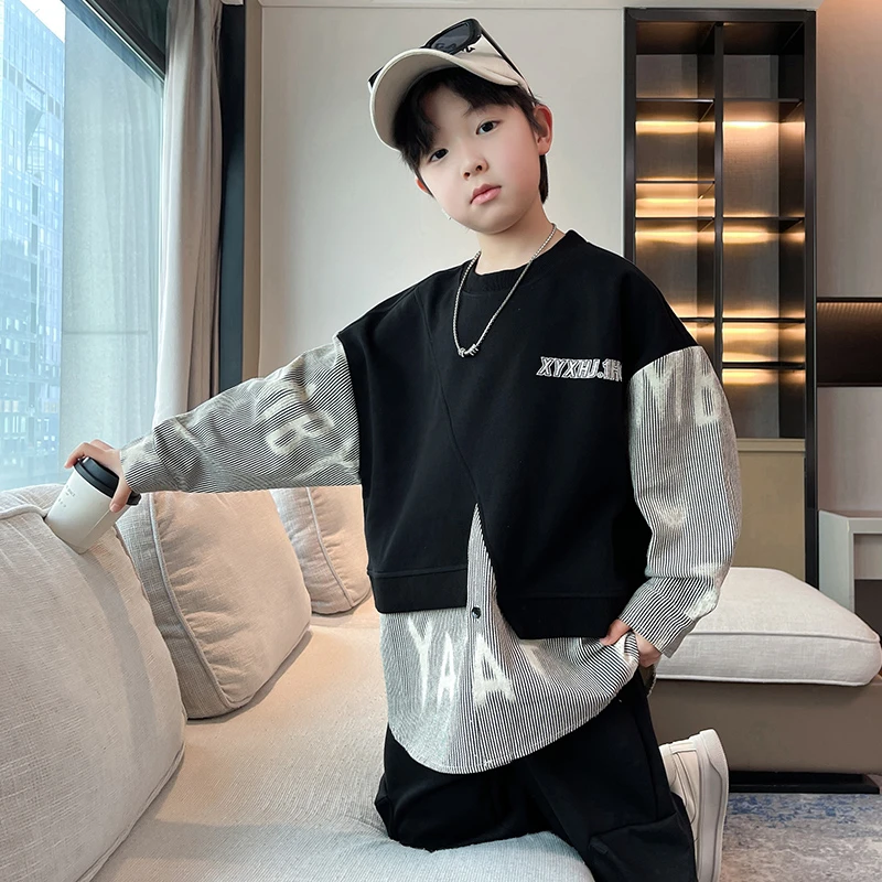 男童春装套装痞帅儿童假两件条纹拼接卫衣春秋款洋气时髦男孩运动
