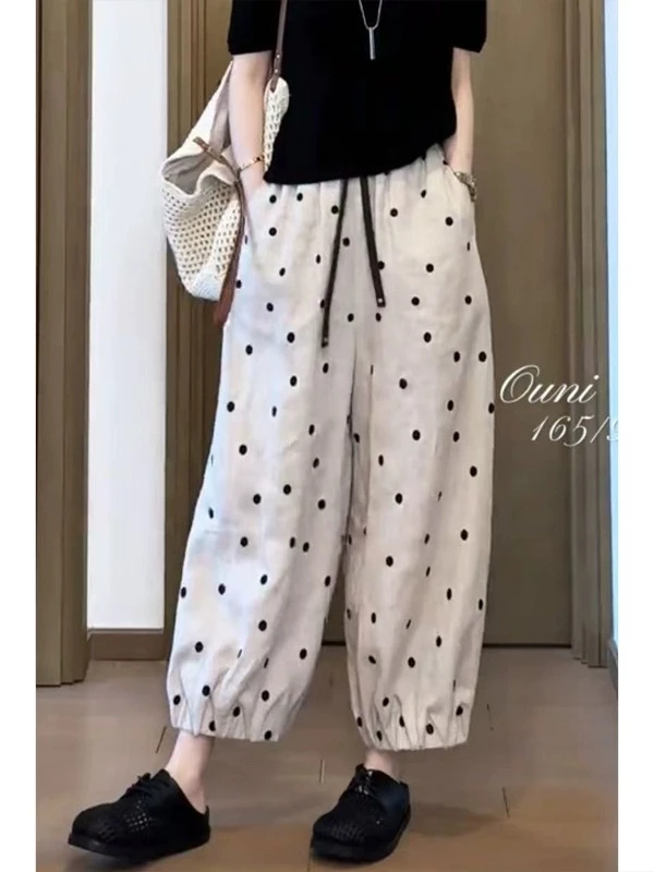 韩系波点时尚休闲裤女夏季新款宽松直筒裤时尚遮肉显瘦休闲阔腿裤