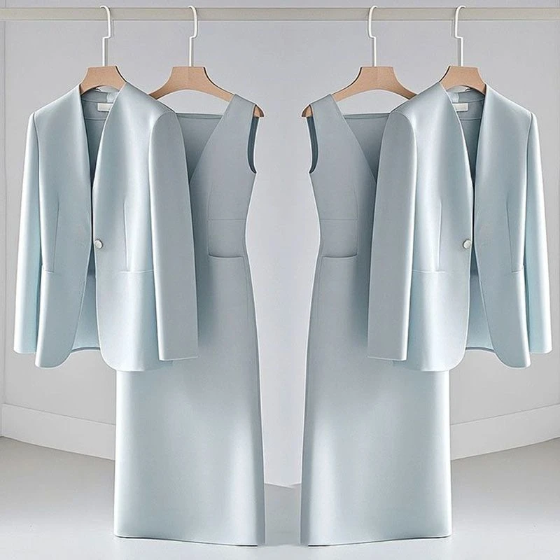 2025时尚阔太太洋气高贵高级感蓝色外套连衣裙两件套装女早秋