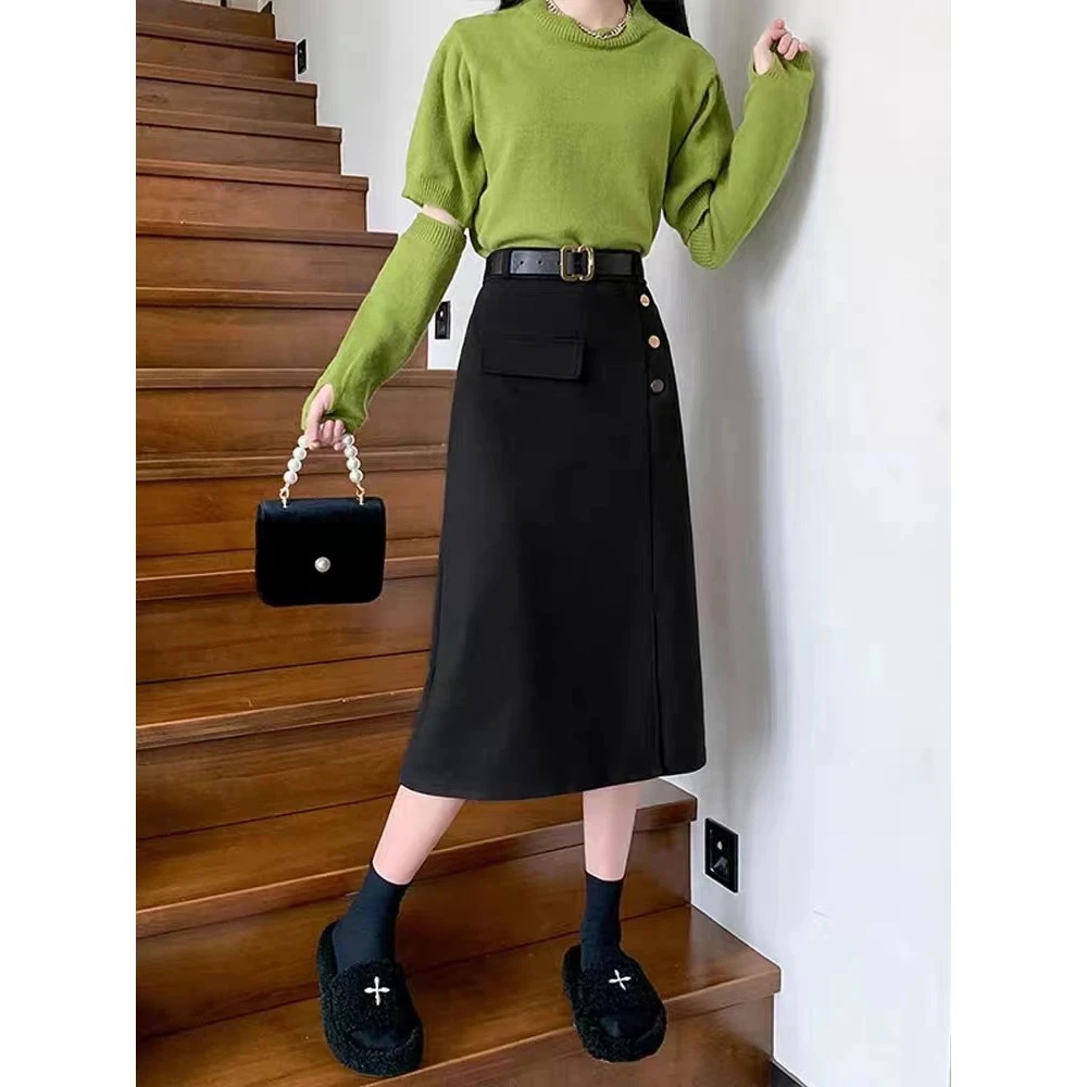 新款大码2882欧若风穿搭设计感小众显瘦侧开叉半身裙