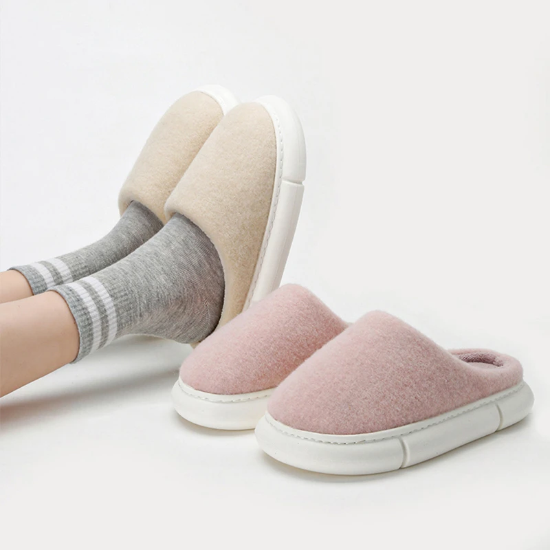 纯色2206男士冬季毛毡厚底保暖棉拖鞋居家用室内防滑女士棉鞋