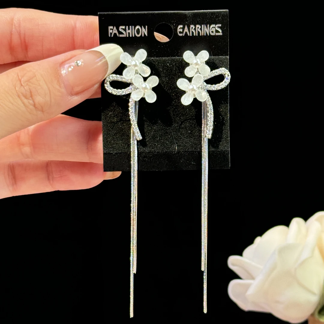 铜合金耳饰 笑颜】超仙锆石花朵长款流苏耳环小众设计师款甜美耳钉