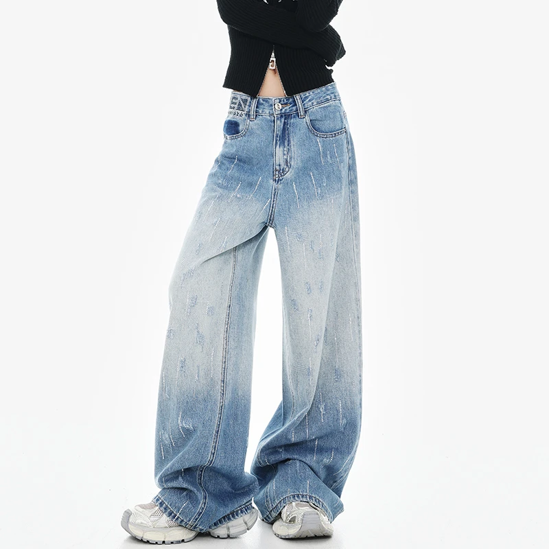 KEN STUDIO原创秋季新款美式复古高腰显瘦烫钻设计宽松阔腿牛仔裤