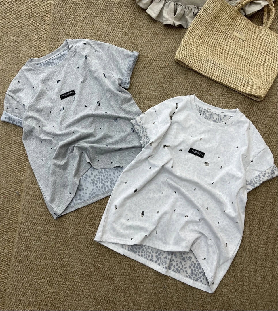 0436【夏季新款】重工双层豹纹拼接潮牌圆领T恤（66158）