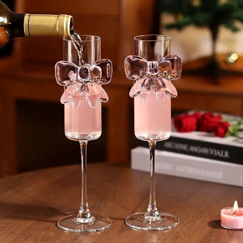 高颜值水晶玻璃香槟杯蝴蝶结红酒杯ins可爱微醺葡萄酒杯高脚杯子