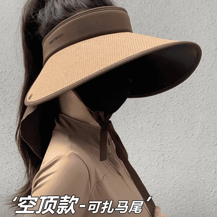 女夏季防晒帽防紫外线大帽檐草编空顶护颈披肩可折叠遮阳帽子批发