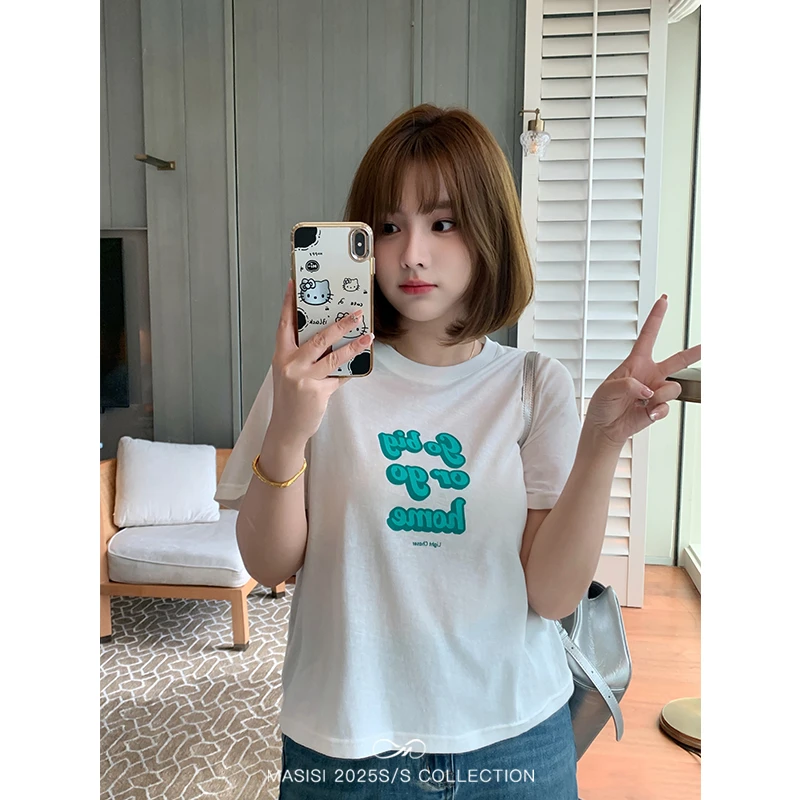 马西西大码女装短款正肩字母印花T恤夏胖mm宽松显瘦休闲短袖上衣