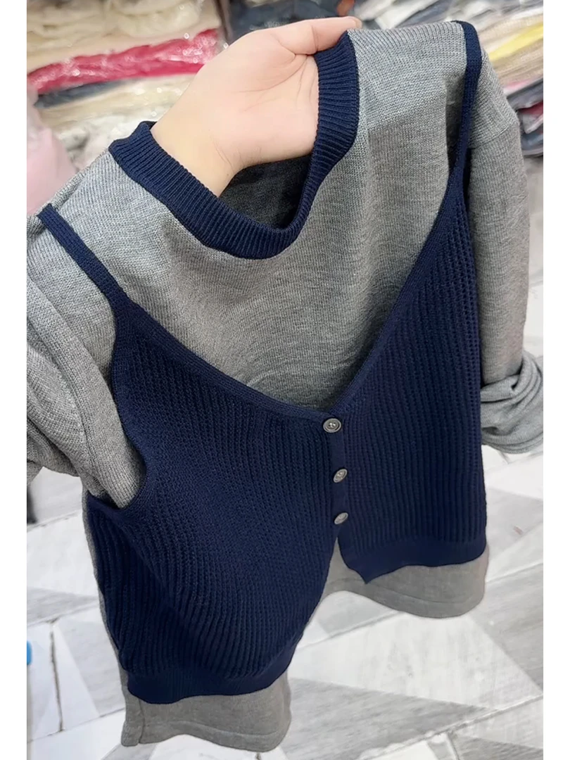 【现货】时尚百搭日常针织假两件女2025冬拼接气质长袖宽松显瘦上衣