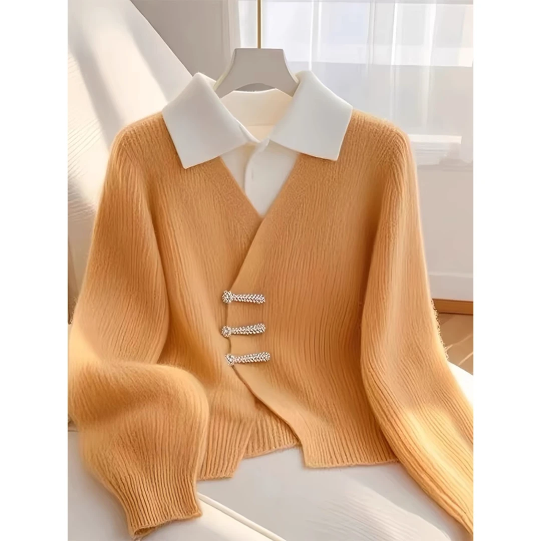 橘色假两件翻领设计感针织女2024新款深秋初冬韩系高级感上衣