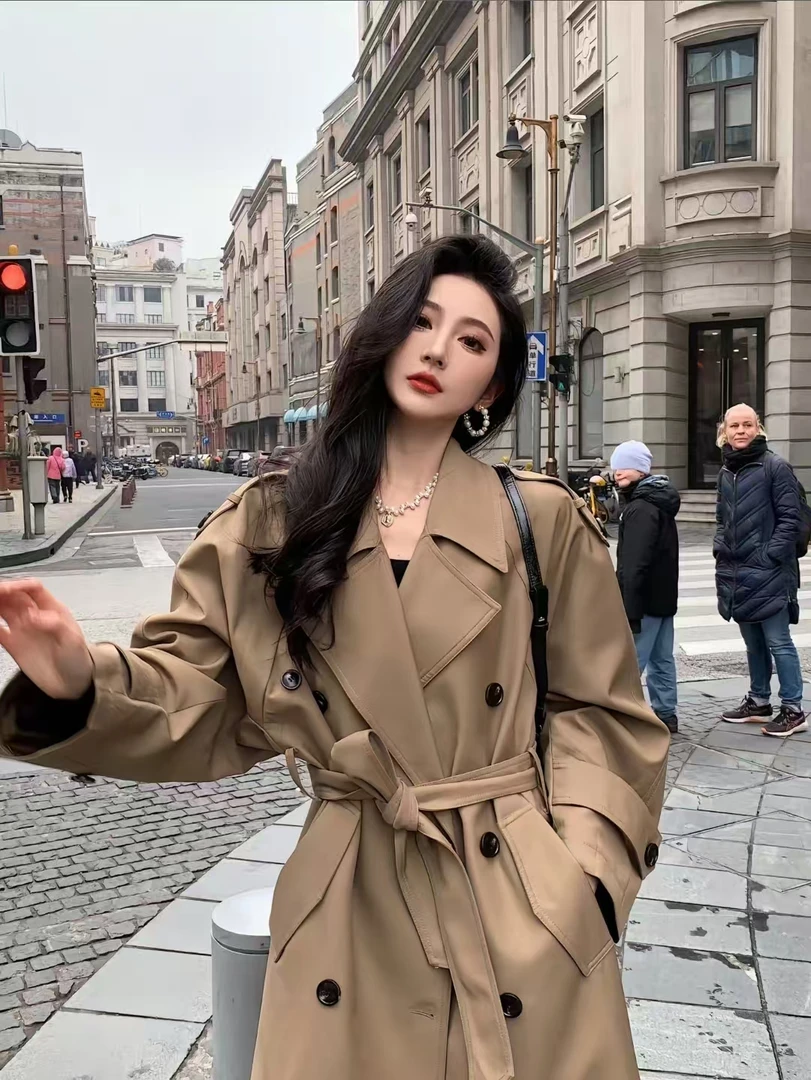 风衣外套女2025秋季新款中长款英伦风百搭双排扣收腰气质大衣9100