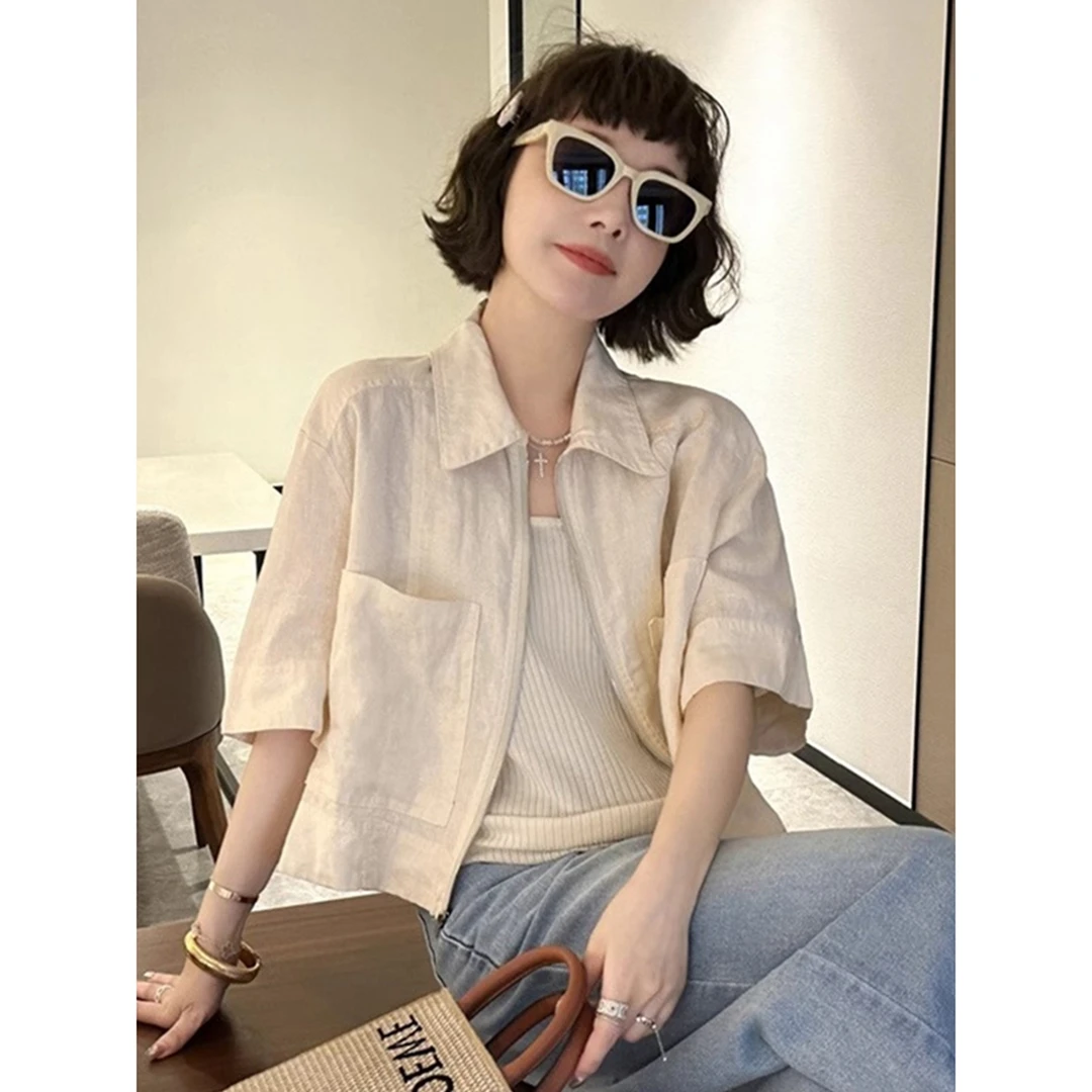 清616 口袋棉麻衬衫复古翻领宽松显瘦糖果色减龄拉链薄款防晒外套