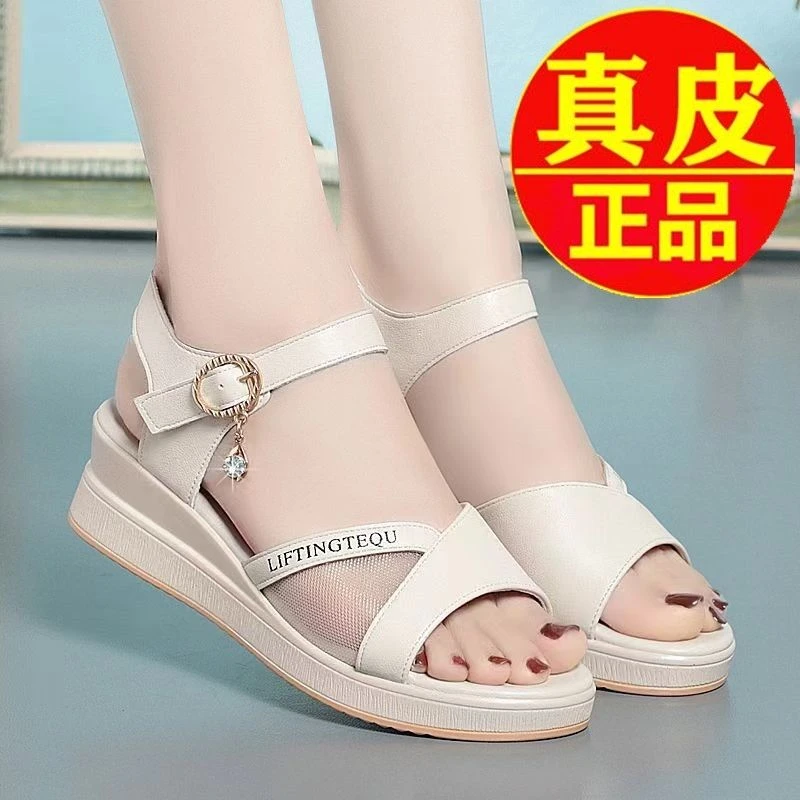 夏季新款真皮网纱凉鞋女时尚百搭中跟防滑坡跟妈妈鞋韩版镂空轻便