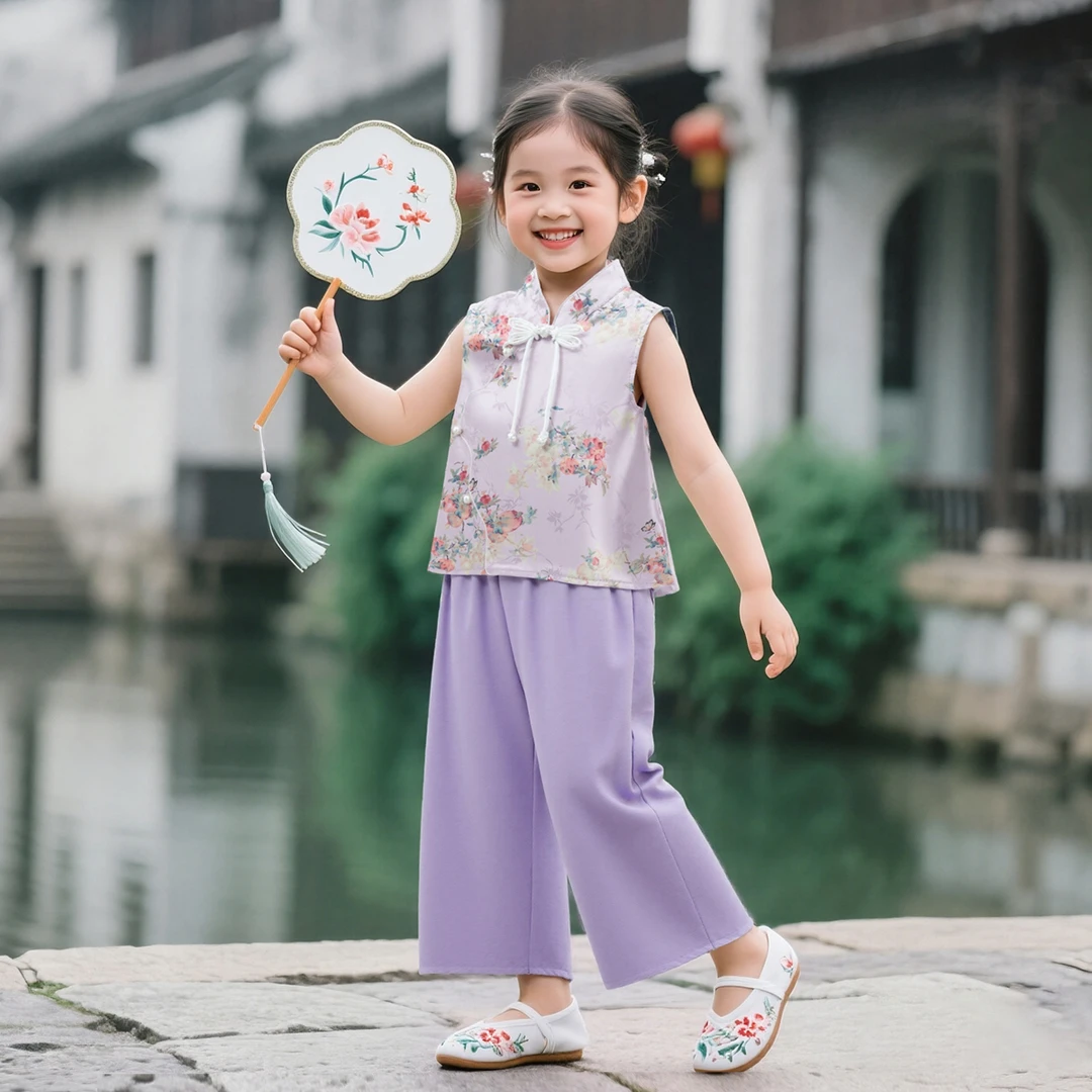 【游园】D女童装夏季套装薄款新中式甜美时尚短袖古风文艺GN6034-A