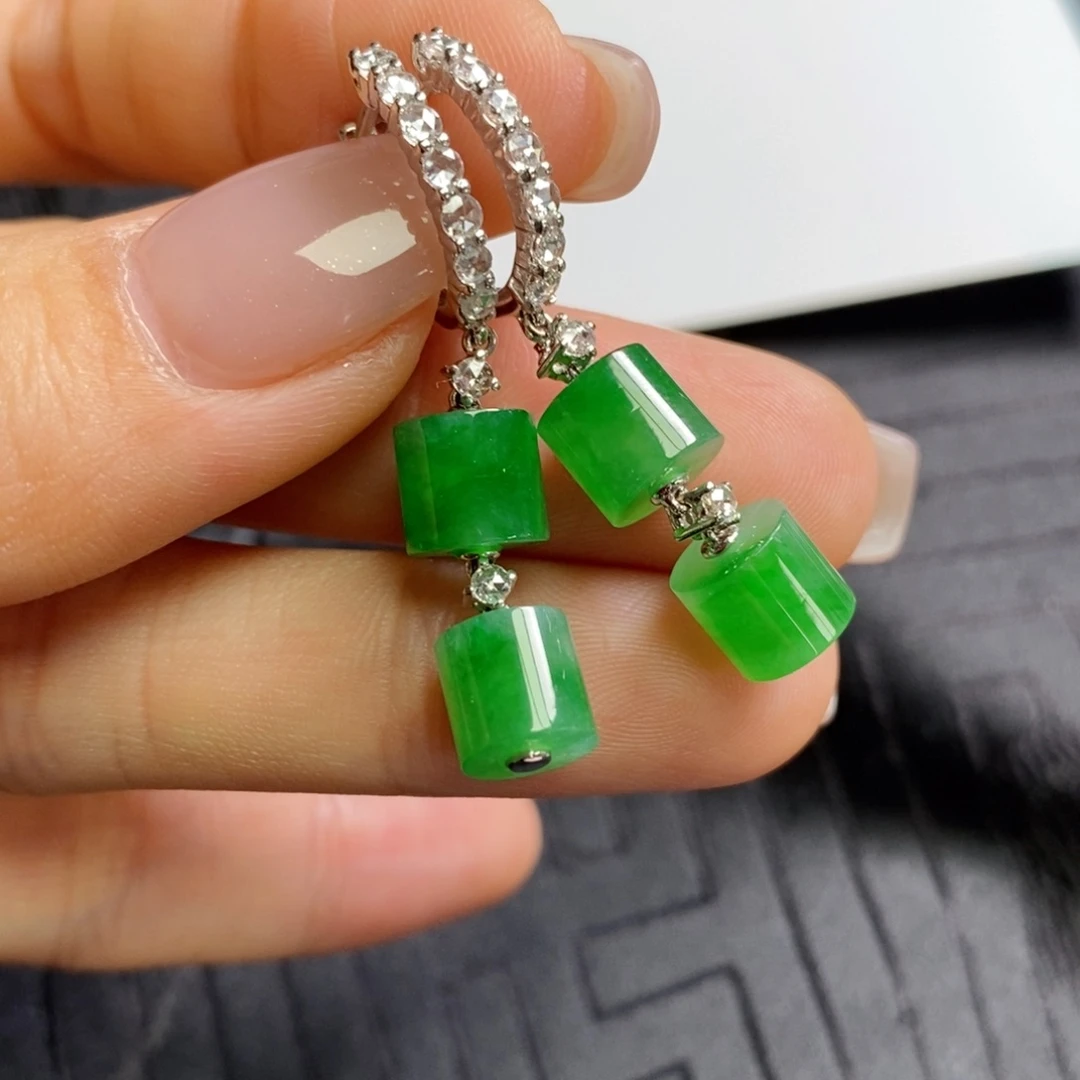 翡翠18K金镶嵌耳饰桶珠耳饰