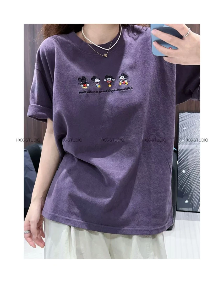 【刺绣四只米奇】2025秋季新款韩版宽松短袖字母米奇磨毛T恤上衣