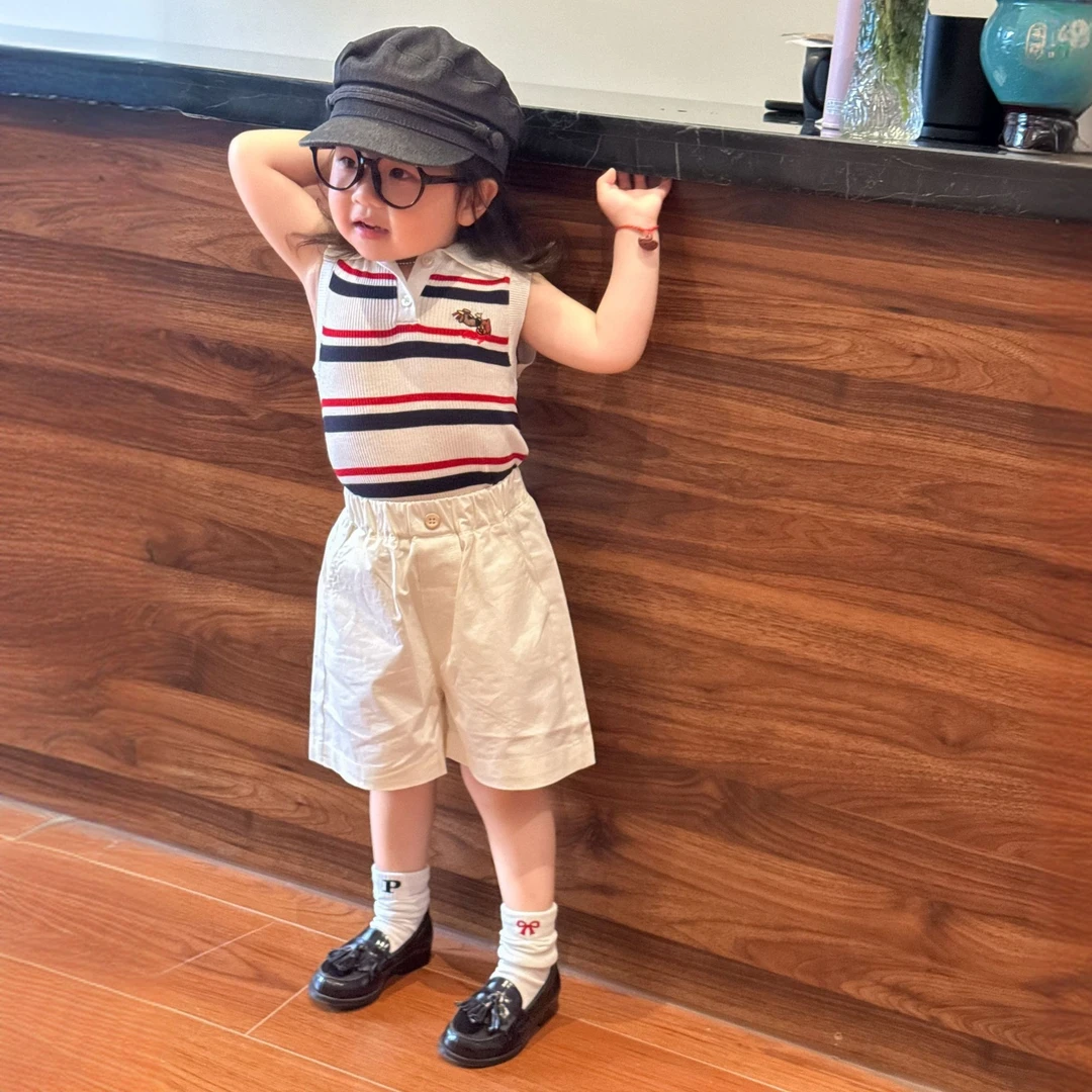 小惜亦女童2025新款韩版儿童春装学院风条纹POLO衫背心裤子套装