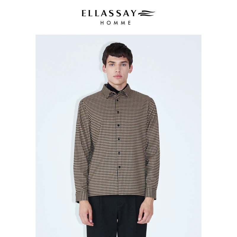 ELLASSAY歌力思男装秋冬时尚经典格子翻领长袖衬衫男EME334C02300