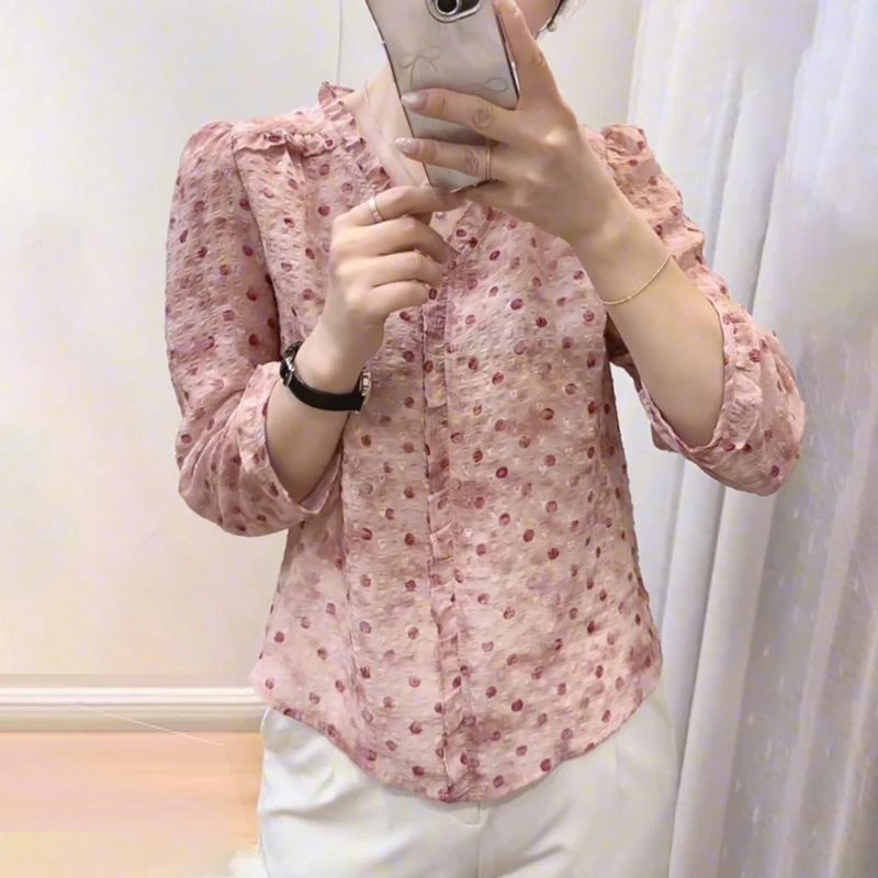 2025新款时尚宽松通勤花边粉色波点八分袖衬衫洋气慵懒感漂亮上衣