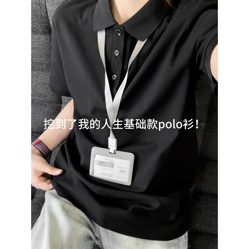 纯黑色短袖polo衫男女夏季高级感痞帅翻领t恤美式重磅正肩五分袖