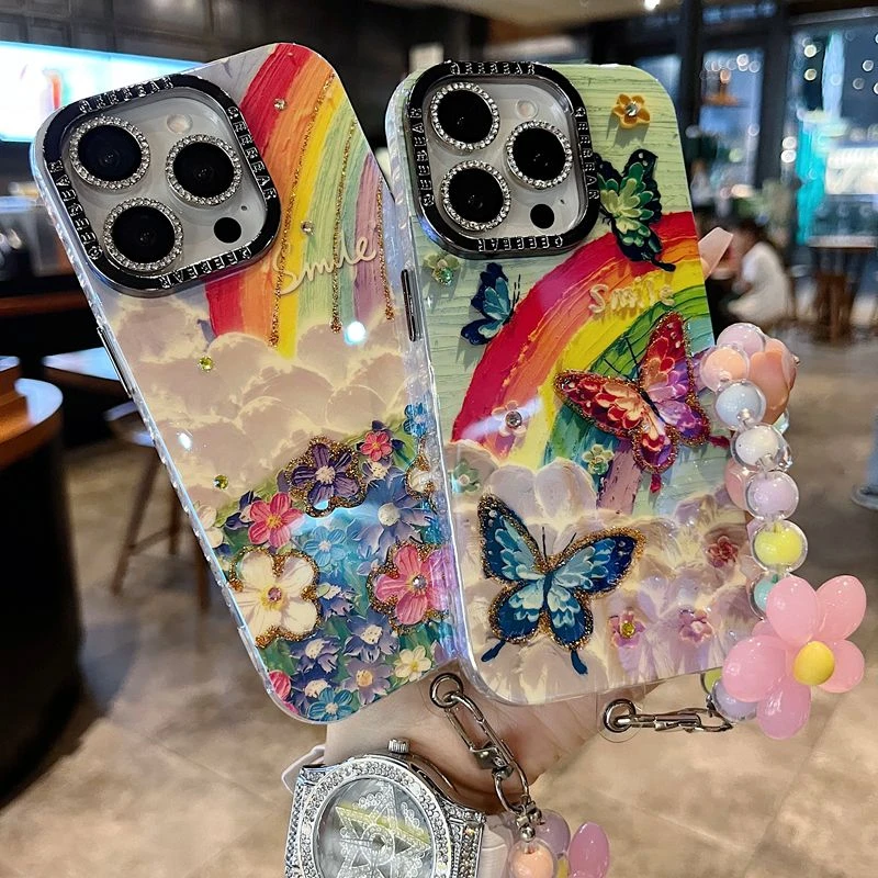 适用苹果华为系列iPhone16复古手机壳16proamx小众高级感彩虹花海