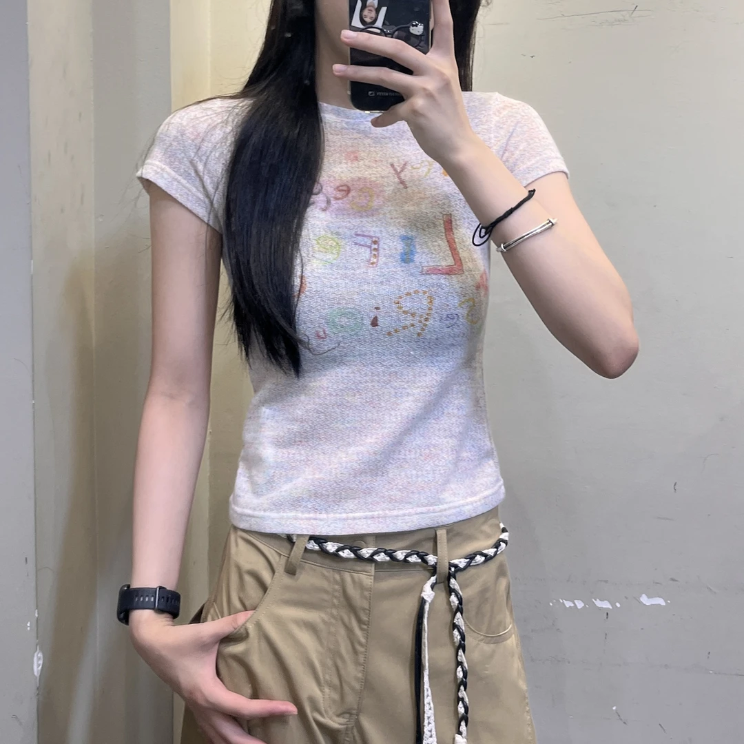 范范与凡凡【夏日彩绘】色纺花纱舒适透气复古彩虹印花修身正肩上衣