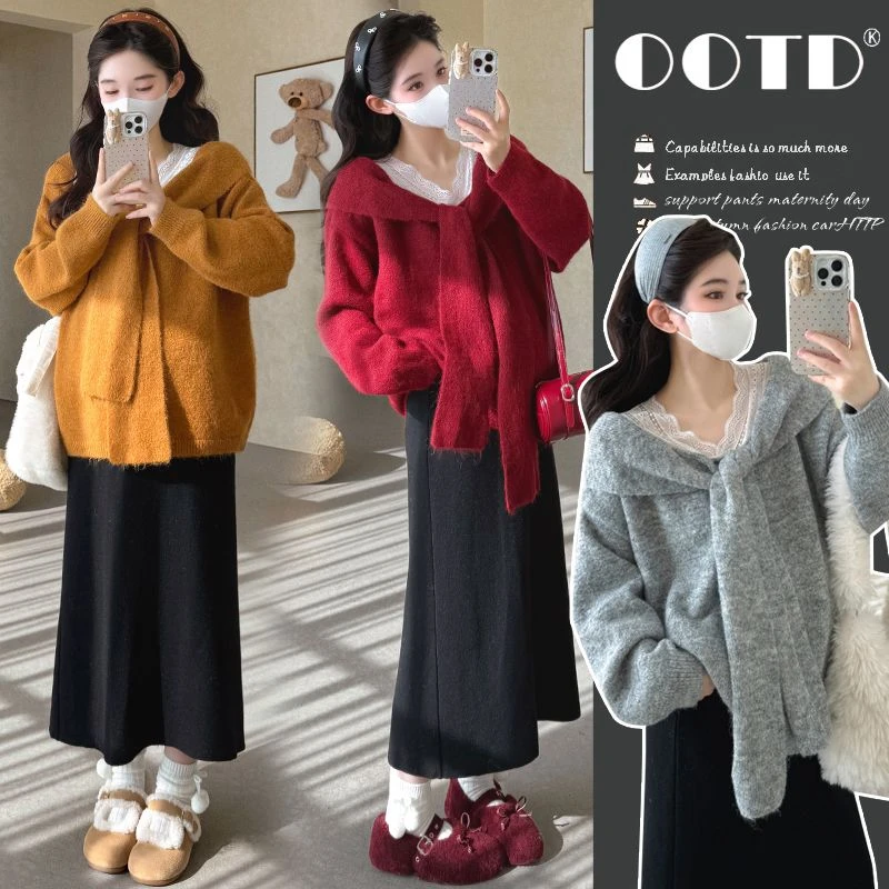 孕妇装秋季上衣新款时尚潮牌蕾丝系带针织加厚毛衣秋冬孕期针织衫