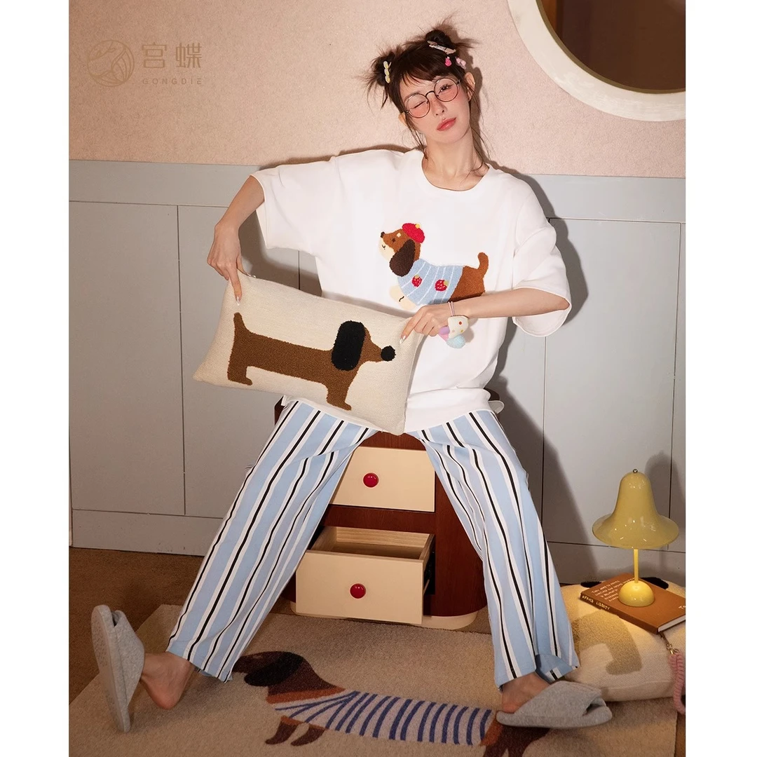 宫蝶【凉感型】腊肠狗睡衣女夏季纯棉短袖长裤套装卡通小狗家居服