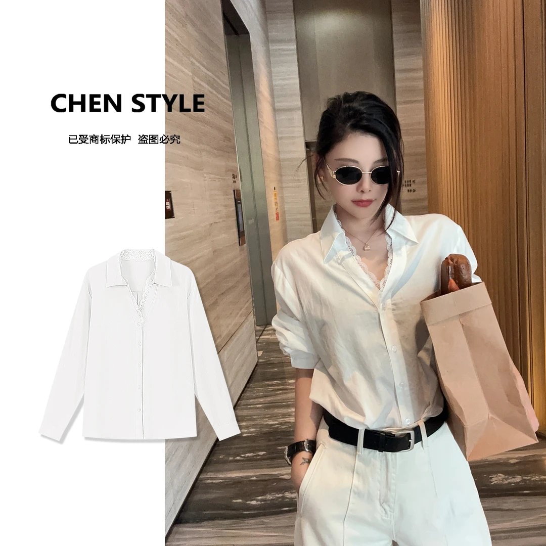 楚楚君【优雅重现】早春款韩版拼接蕾丝潮流百搭衬衫C37538