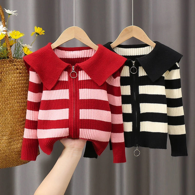 女童外套针织衫开衫2025年新款春秋季拉链娃娃领条纹小香风中大童