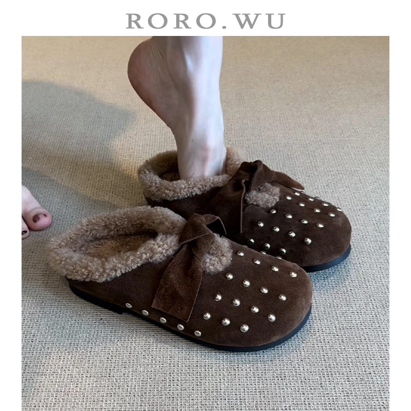 娆娆吴·休闲铆钉包头一脚蹬拖鞋秋冬新款低跟半包毛绒博肯鞋女E08