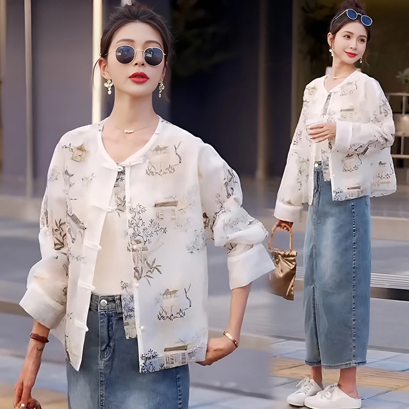 新中式盘扣防晒外套女夏季2025新款欧货宽松时尚洋气国风刺绣上衣