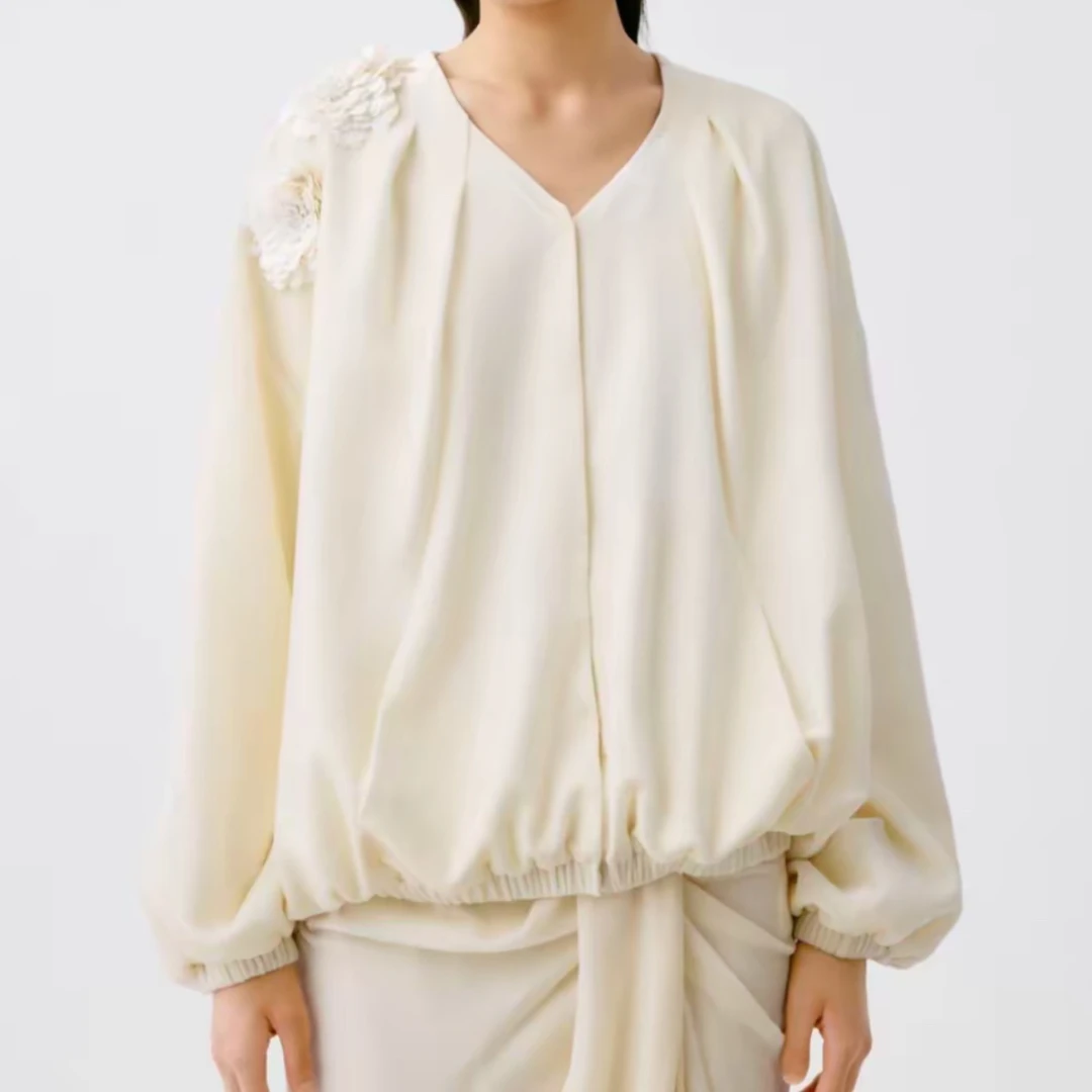 LAMAISONJADE 玉琼2025捏褶米白色丝绒夹克外套