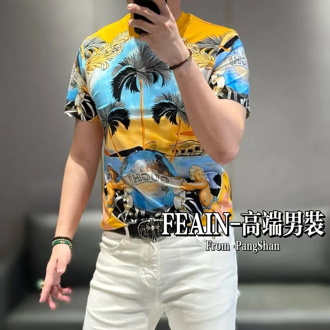 【雷迪凯奇】高端定制男士刺绣椰子树奥钻点缀双丝光短袖T恤5096