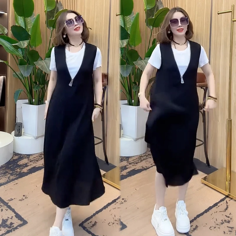 2025春夏季新款时尚显瘦气质网红女百搭宽松大码短袖裙子两件套潮