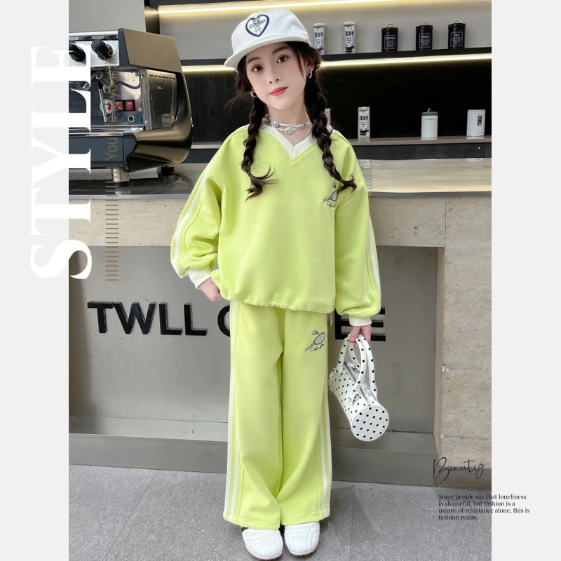 女童休闲套装春秋款2025新款中大儿童洋气拼色V领卫衣女孩春装8岁