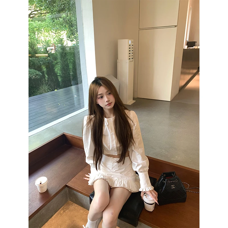 韩系温柔千金气质套装夏季短款长袖衬衫上衣高腰显瘦百搭半身裙女