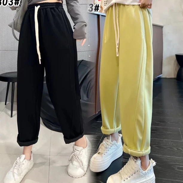 春季新款大码女装九分裤卫裤松紧高腰休闲裤子哈伦裤粗腿显瘦裤子