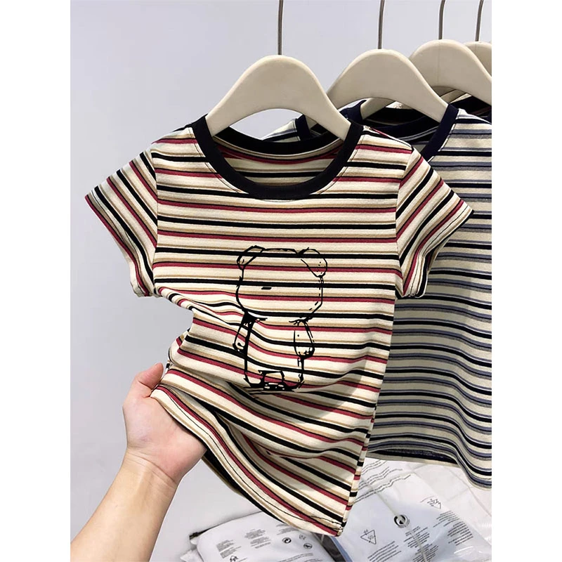 拼色领口条纹正肩圆领短袖t恤女时尚百搭减龄洋气上衣2025夏季潮