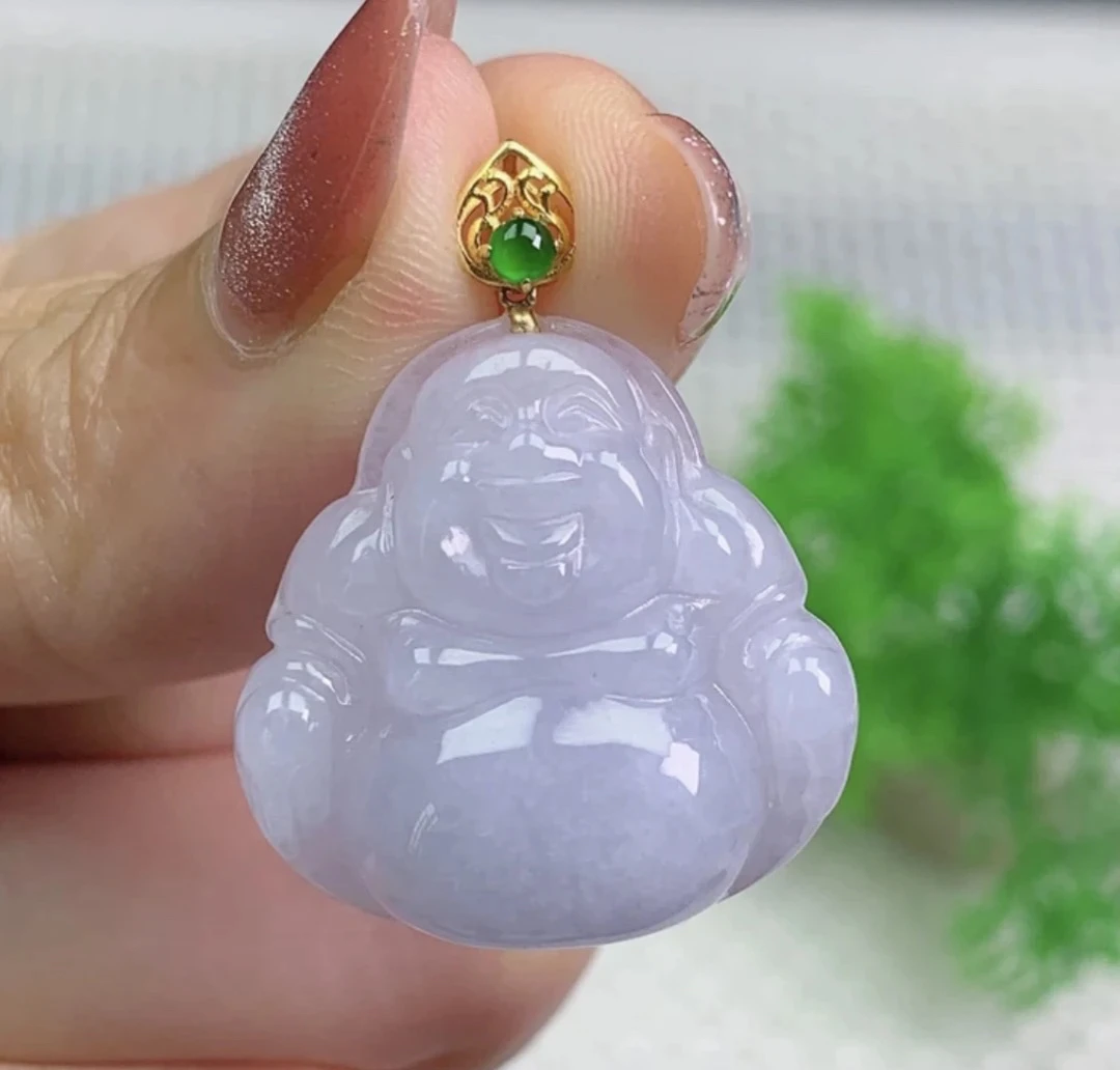 缅甸天然翡翠A货 18k金镶紫罗兰佛公吊坠36尺寸23.1x23x6.6