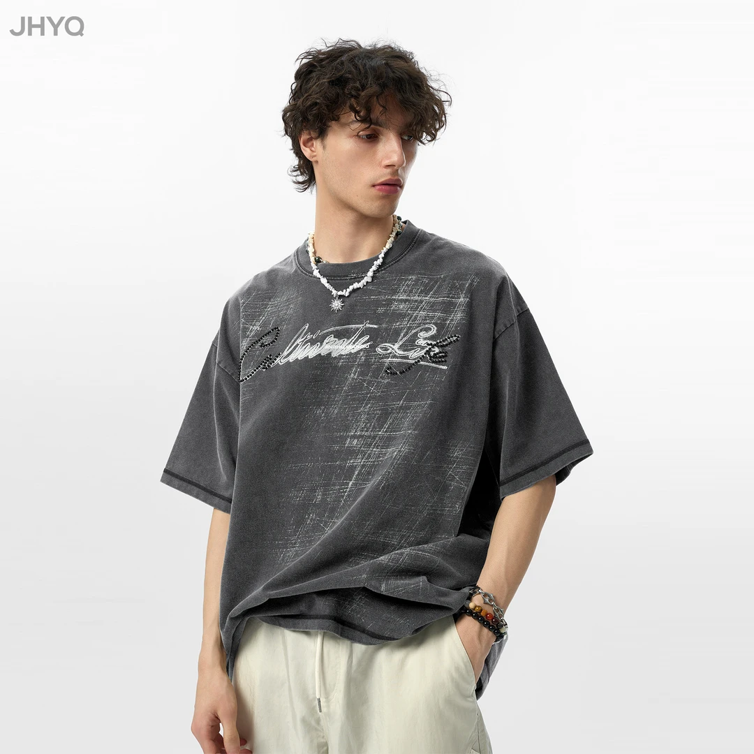 【JHYQ】夏季复古国潮高街半袖印花男装情侣重磅纯棉圆领短袖T恤038