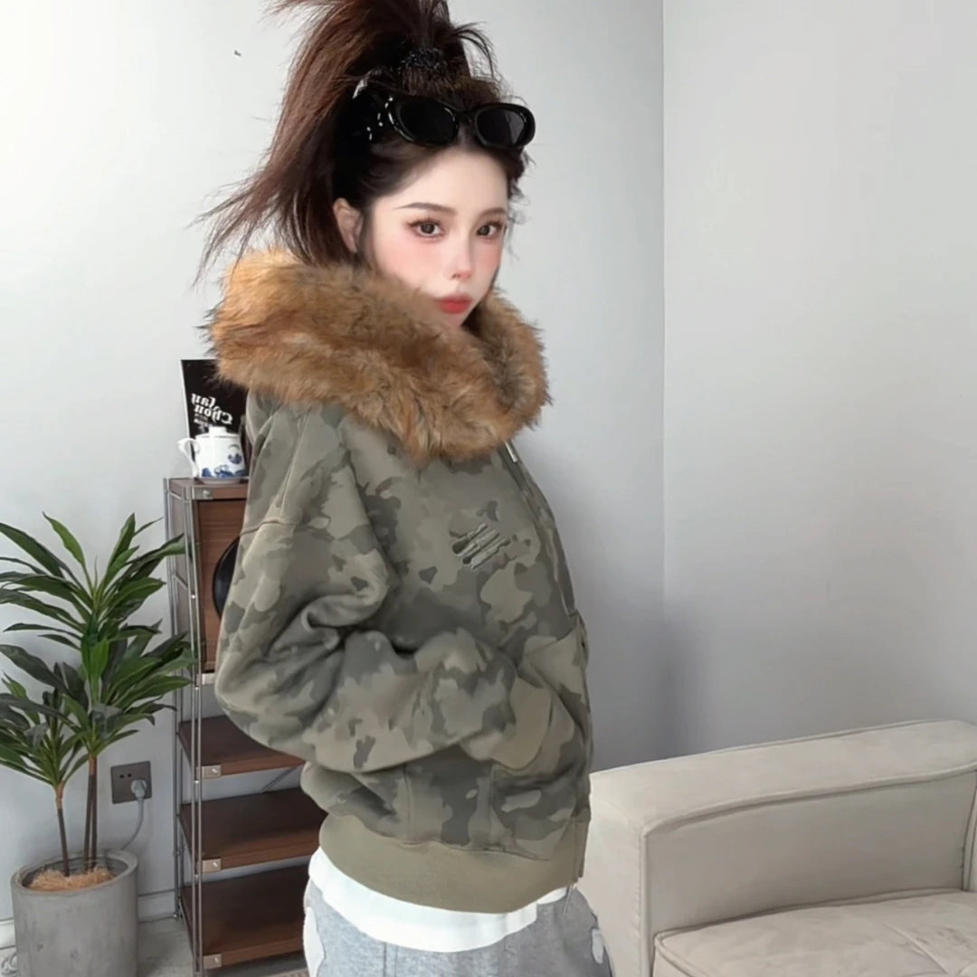 辣妹外套迷彩毛领卫衣女秋季重磅连帽oversize开衫潮牌加绒外套