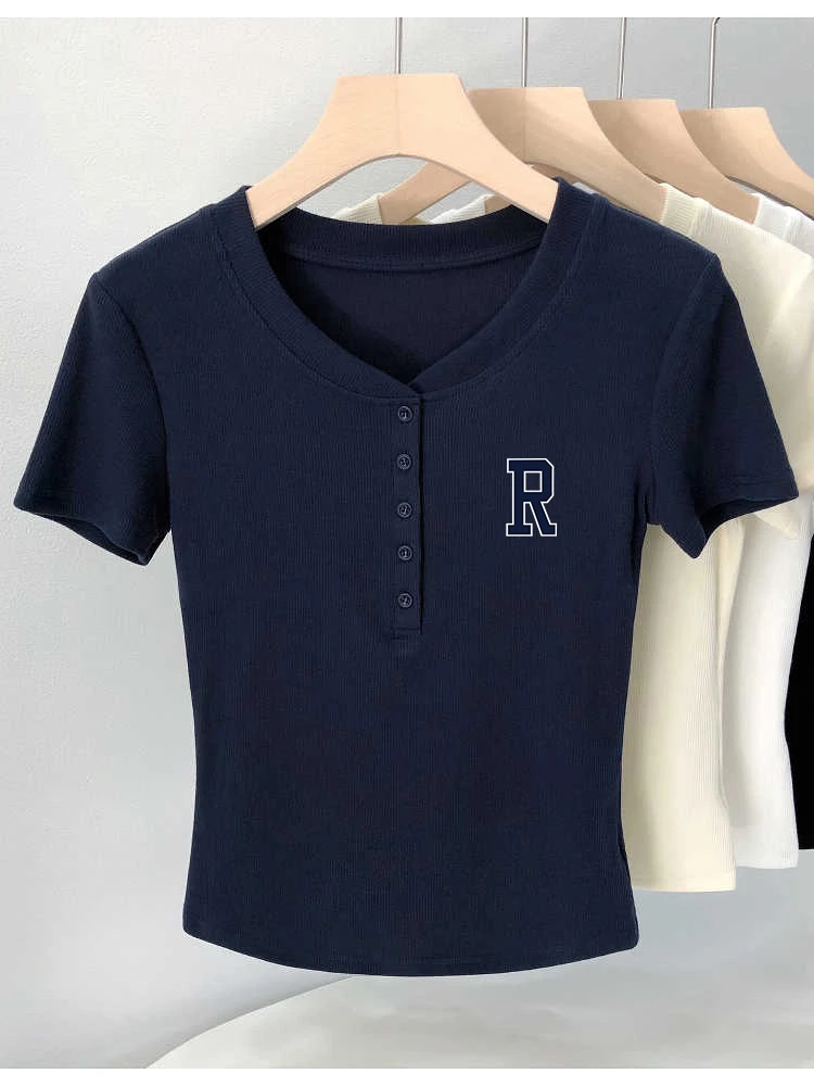 欧货圆领百搭纽扣T恤女装短款显瘦短袖蓝色休闲螺纹修身正肩气质