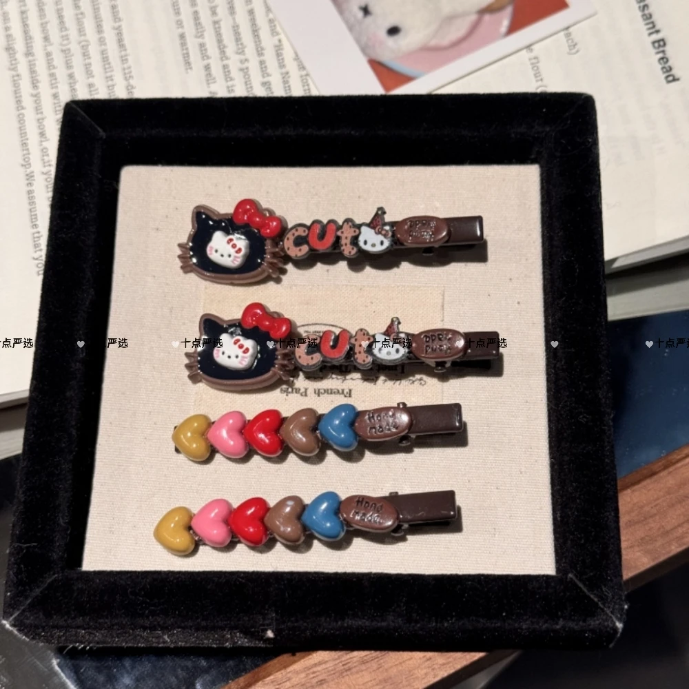 复古彩色多巴胺kt猫撞色AB款爱心发夹女侧边夹刘海夹发卡发饰夹子