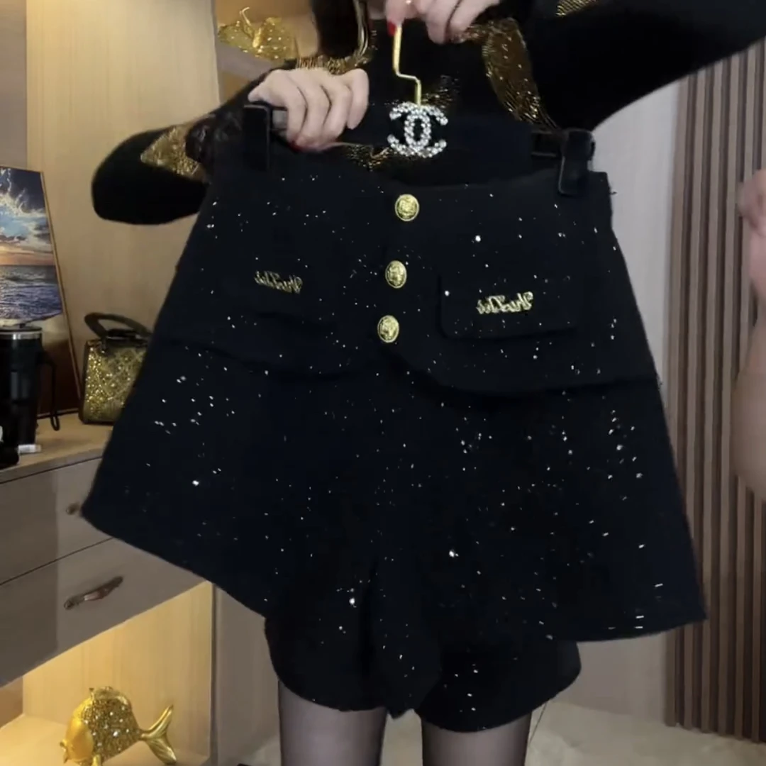 1（韩弯）裙裤设计金纽扣阔腿裤高腰纯色女装显瘦时尚百搭短裤