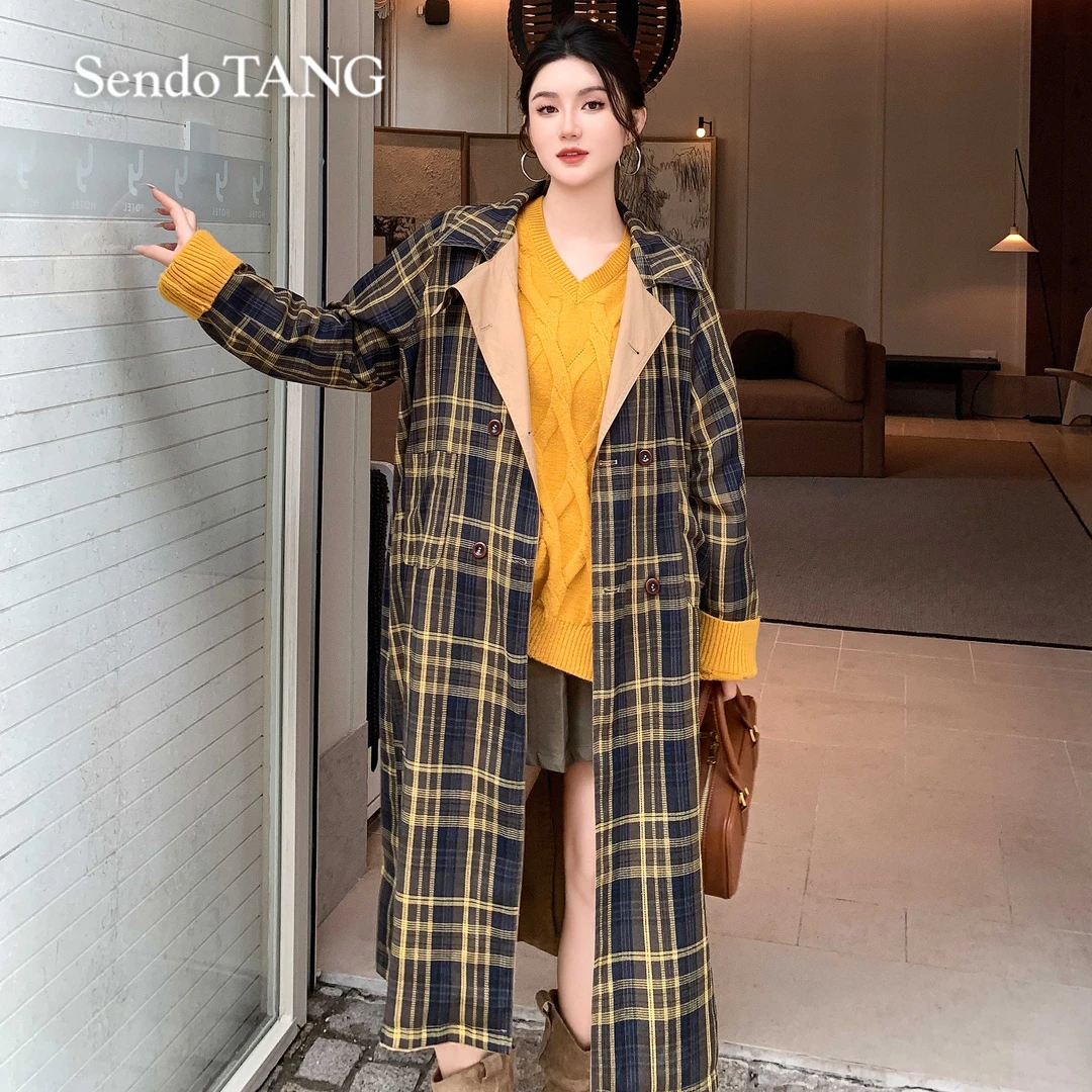 卡其色格纹正反两穿风衣胖多女装新款时髦百搭外套【气质名片】