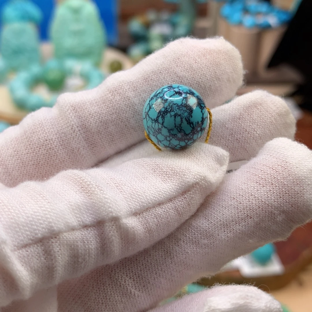 绿松石未镶嵌珠宝奇石高瓷蓝网花圆珠14mm