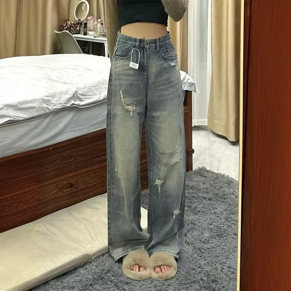 梨型身材乞丐破洞牛仔裤女夏季薄款胖妹妹mm宽松显瘦直筒阔腿裤子