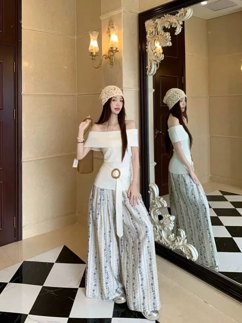 韩系纯色一字肩修身短袖针织衫2025夏绝美碎花阔腿裤裙套装